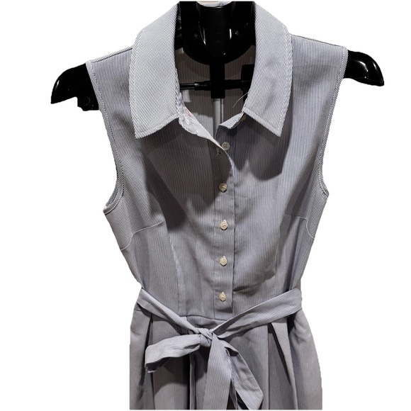 Jones New York Dresses & Skirts - Seersucker Shirt Dress Blue Stripe Sleeveless Belted Preppy Coastal Summer Sz 6